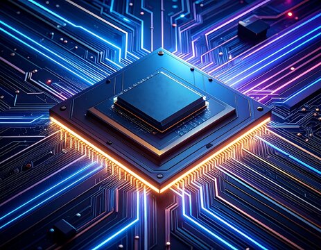 Close-up of a central processing unit (CPU) within a network of electronic pathways, highlighted with neon light effects