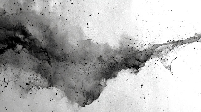 Abstract black and white ink wash on white paper, resembling a plume of smoke or a cosmic nebula.