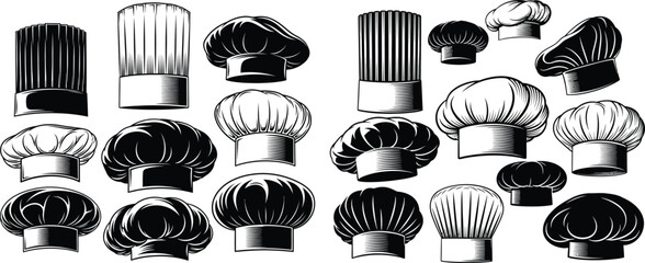 Vector illustrations of different styles of cook hats, including tall toques and classic poufs for kitchen staff