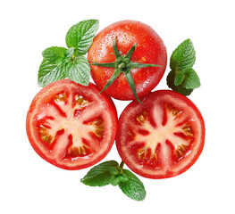 Fresh, juicy tomatoes and mint leaves, top-down view