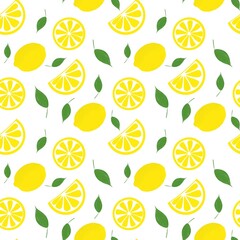 Lemon with leaves seamless pattern on white background.