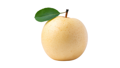 A single, round, yellow-tan asian pear with a small stem and green leaf attached, centered in the frame. solid white background