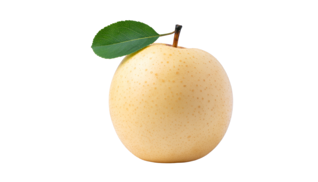 A single, round, yellow-tan asian pear with a small stem and green leaf attached, centered in the frame. solid white background