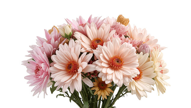 Vibrant and detailed 3D flower bouquet isolated on white background, realistic arrangement of soft petals showcasing elegant decorative floral design for spring and celebration themes