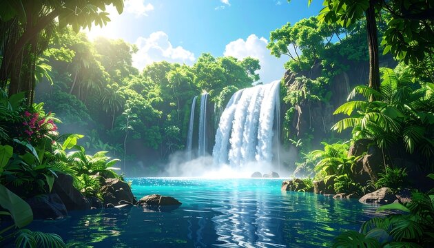 Lush tropical landscape featuring a cascading waterfall flowing into a serene turquoise pool, framed by vibrant greenery under a bright blue sky