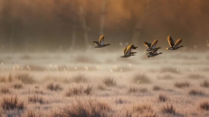A flock of ducks flies over a frosty field in soft golden morning light, creating a calm wildlife scene full of winter atmosphere and natural beauty.