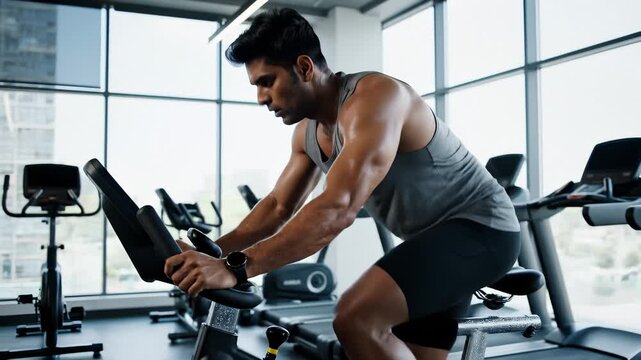 Man Cycling on Exercise Bike in Gym Cardio Workout