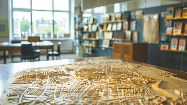 Detailed wooden model of city layout in well-lit library with numerous bookshelves