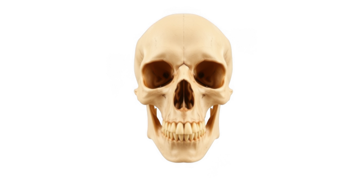 A realistic human skull with a neutral expression shown frontally isolated on white background
