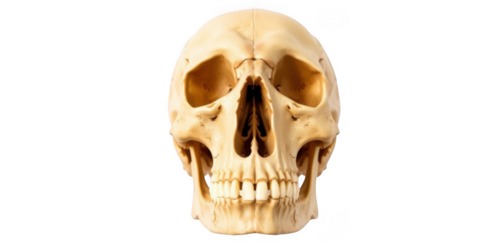 A realistic human skull facing forward with a neutral expression isolated on white background
