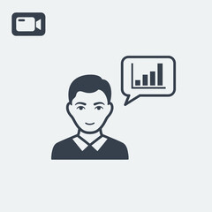 Person icon with speech bubble containing bar graph and video camera icon.