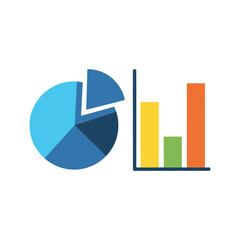 Pie chart and bar graph showing data in blue yellow green and orange.
