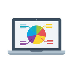 Laptop displaying a colorful pie chart with labels represented by horizontal lines.