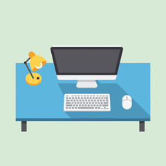 Computer keyboard mouse and lamp on a desk viewed from above.