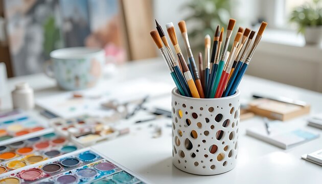 Colorful group of paint brushes and palette supplies for creativity and art education - Powered by Adobe