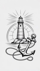 Lighthouse and anchor nautical illustration, maritime safety and guidance design element art