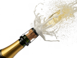 Champagne bottle cork popping with splash isolated on a transparent background