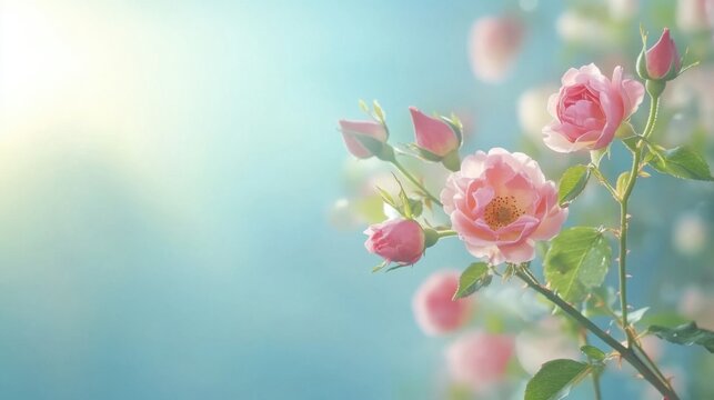 Floral serenity: delicate pink roses against a serene blue backdrop evoking peacefulness