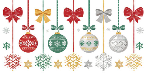 Festive holiday ornaments and snowflakes hanging, creating a cheerful and classic Christmas design for greeting cards and seasonal decor