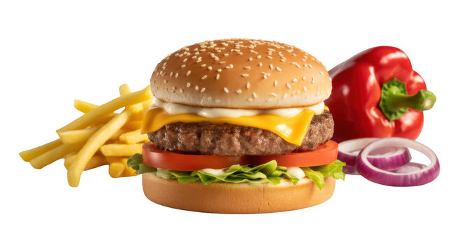 Cheeseburger with Fries Red Pepper and Onion Rings isolated on a transparent background