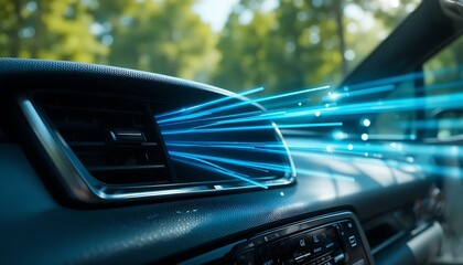 Modern automobile interior with a sleek car steering wheel, dashboard, and technology control panel for the driver's driving experience