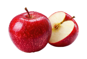 Bright red apple with a slice cut, revealing white flesh and seeds