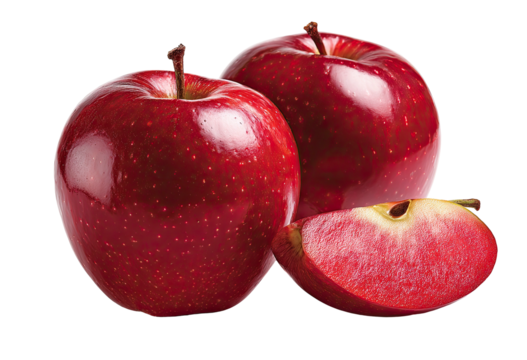 Two whole shiny red apples and a slice on a transparent background