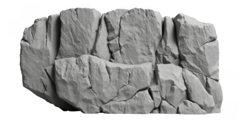 Rough textured gray rock fragment with vertical cracks isolated on white background