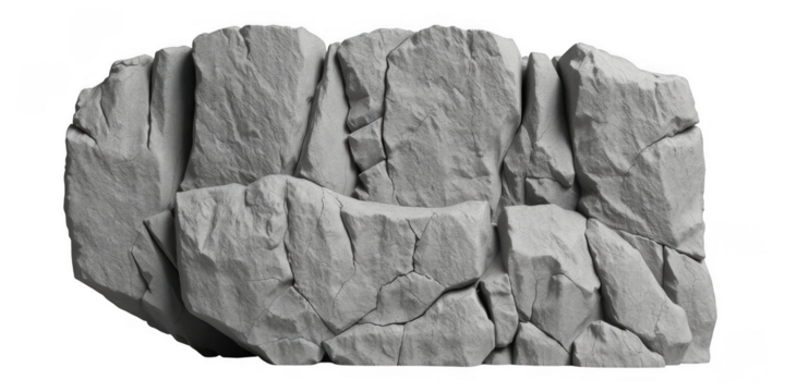 Rough textured gray rock fragment with vertical cracks isolated on white background