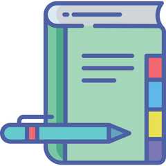 Open Green Notebook With Blue Pen Showing Lines Of Text For Study And Learning In A Simple Flat Icon Design