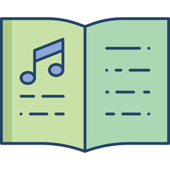 Open Music Book with Blue Musical Notes and Text on Light Green Pages with Dark Blue Outline Simple Flat Illustration Isolated on White Background