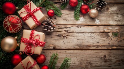 Festive christmas gifts and red ornaments on a wooden table with soft daylight and holiday cheer