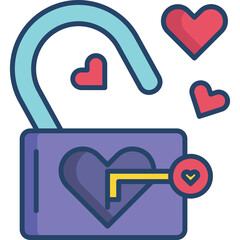 Open Purple Padlock With Heart Symbol Inside and Red Hearts Floating Around in Flat Design Style on Transparent Background