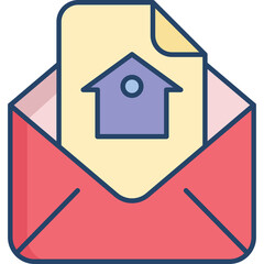 Open Red Envelope Delivering Document Featuring Blue House Icon With Transparent Background Simple Flat Design
