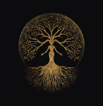 Golden goddess tree with roots and branches reaching up to the sky, powerful and symbolic art