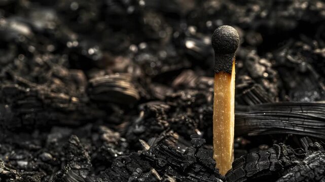 Single, unburned matchstick amidst charred remains