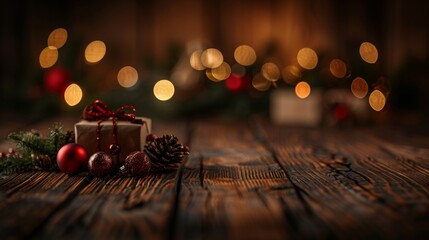 Charming holiday arrangement of presents, red baubles, and pine accents on warm wooden planks