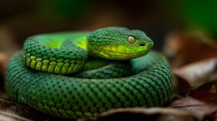 Vivid green reptile rests coiled upon dark forest floor debris