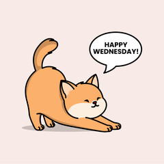 Stretching orange cat with happy wednesday message suitable for social media posts, greeting cards, and any midweekthemed designs.