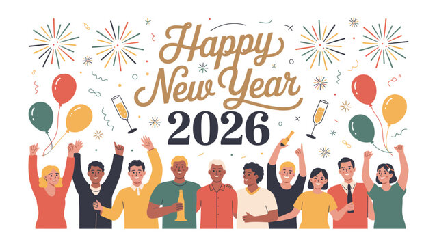 Joyful New Year Celebration: A vibrant gathering of diverse individuals exuberantly celebrates the arrival of 2026, accompanied by fireworks, balloons, and champagne glasses.