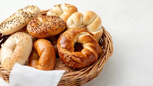 Assorted bagels in wicker basket on white background