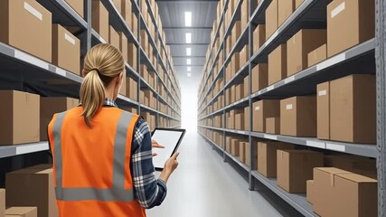 Warehouse Inventory Audit: Worker Using Tablet for Stock Management and Inspection - Powered by Adobe