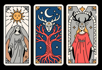 Fototapeta premium Tarot card designs, mystical symbols, colorful illustration