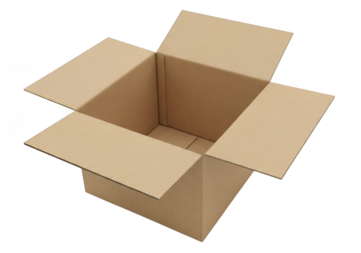 Empty open cardboard box ready for packing shipping or storage transparent background