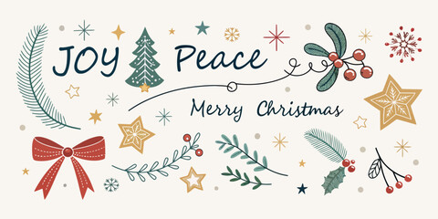 Festive holiday joy and peace message with Christmas elements for greeting cards and seasonal designs, creating a cheerful winter vibe