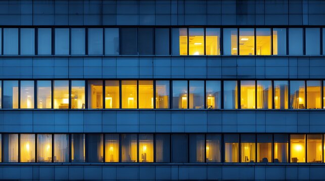 Illuminated office building facade shows glowing yellow interiors against a dark blue twilight exterior