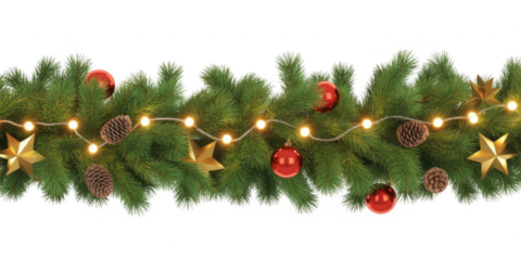 Christmas garland with pine cones baubles stars isolated on a transparent background