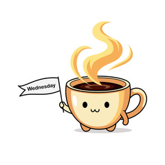 Coffee cup cheerfully displaying a wednesday banner perfect for social media posts, email newsletters, or workplace graphics to uplift midweek spirits.