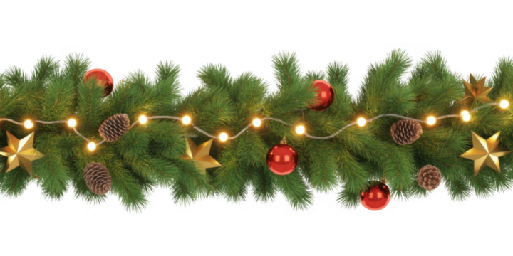 Christmas garland with pine cones baubles stars isolated on a transparent background