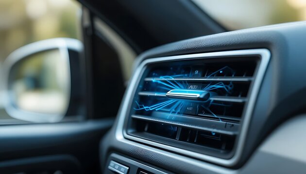 Modern automobile interior with a sleek car steering wheel, dashboard, and technology control panel for the driver's driving experience
